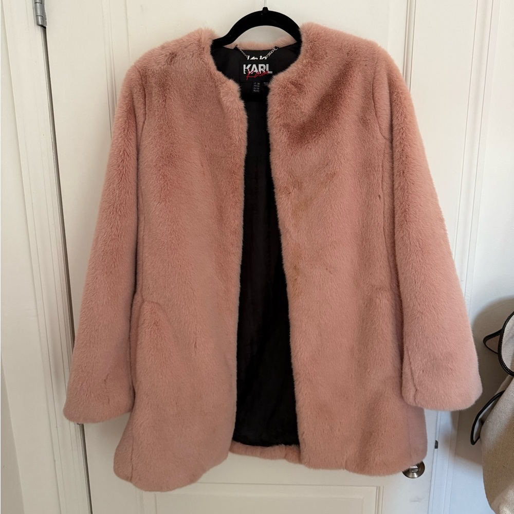 Karl Lagerfeld X Kaia Gerber Colab Pink Faux Fur Coat